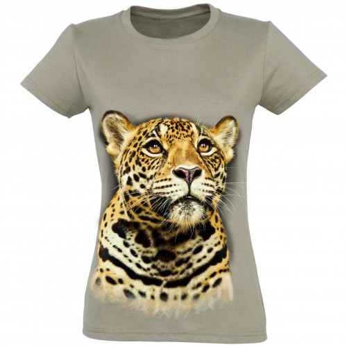 Camiseta feminina com estampa de leopardo na cor bege.