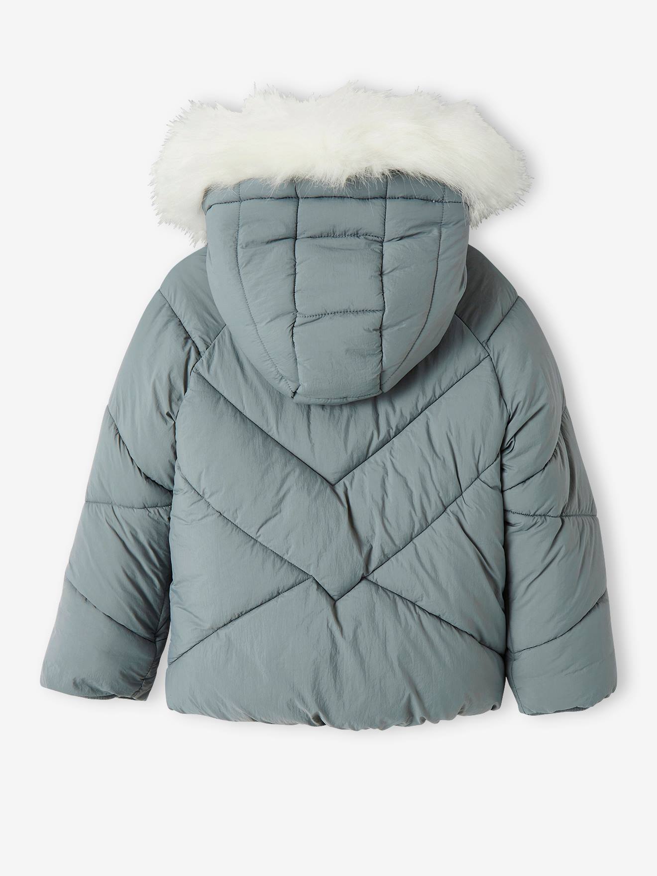 Jaqueta curta acolchoada com capuz e forro de sherpa, verde-escura lisa com estampas, para meninas.