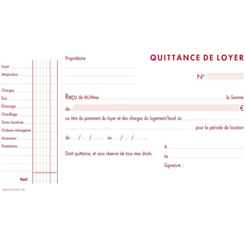 Manifold Quittances de loyer 12,5x21cm 50 feuillets tripli autocopiants