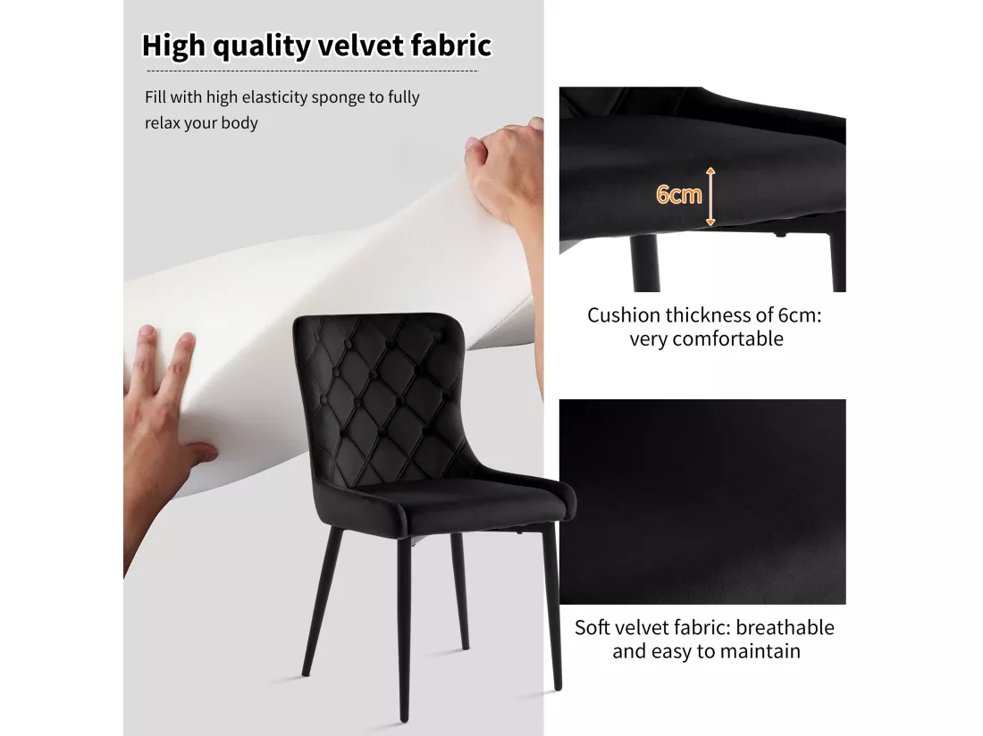 Lot de 4 Chaises en velours avec pieds en fer noir - Noir
