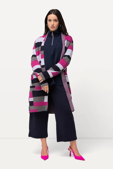 Strickjacke, Jacquard, offene Form, Kelchkragen