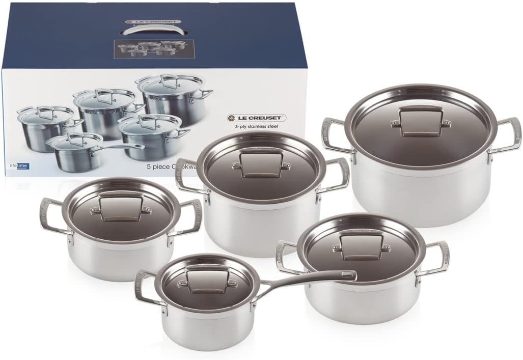 Le Creuset 5-teiliges Topfset aus 3-ply Edelstahl mit passenden Deckeln, Für alle Herdarten inkl. Induktion geeignet, Silber