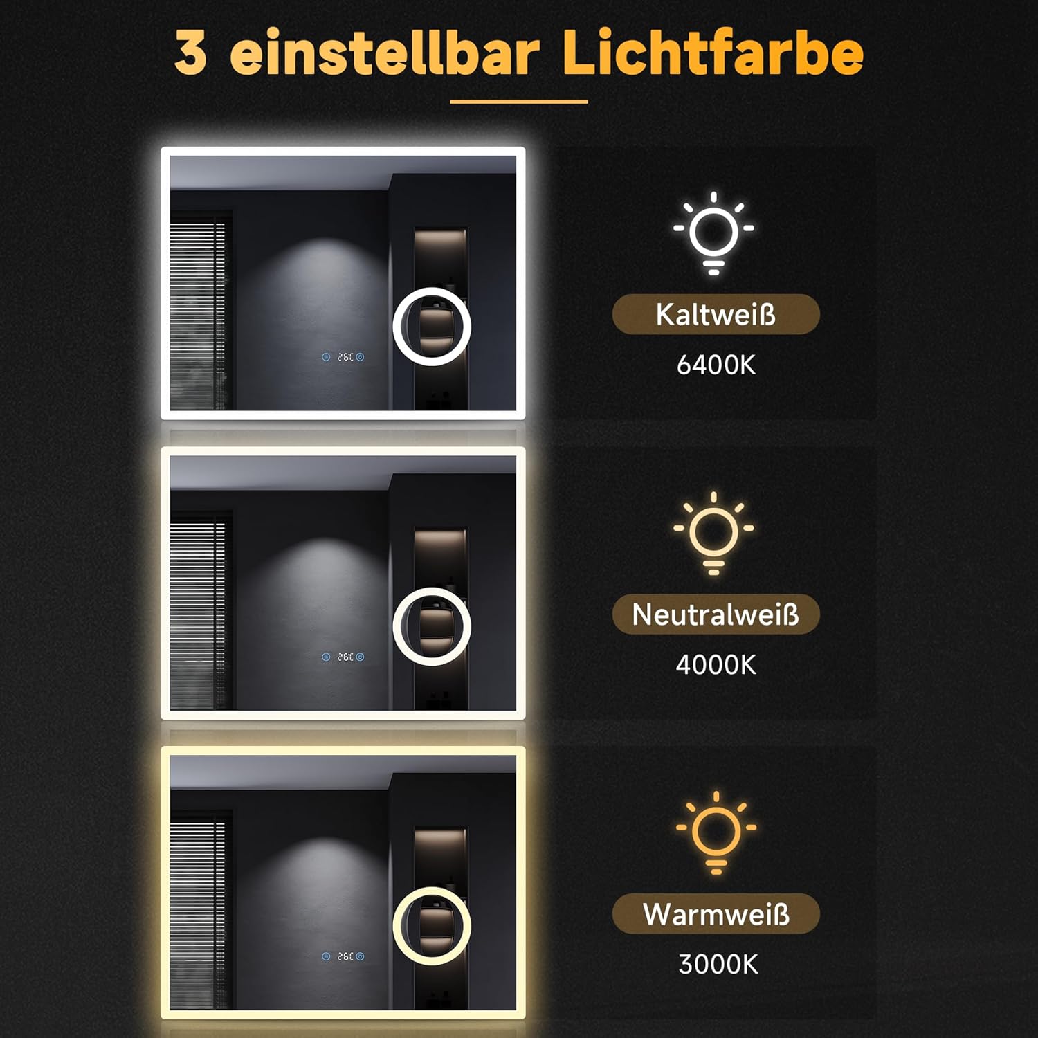 SONNI Badezimmerspiegel mit Beleuchtung 80x60 cm 3 einstellbare Lichtfarbe, Anti-Beschlag LED Badspiegel Lichtspiegel Wandspiegel mit Touchschalter, Uhr, Temperatur, 3-Fach Vergrößerung