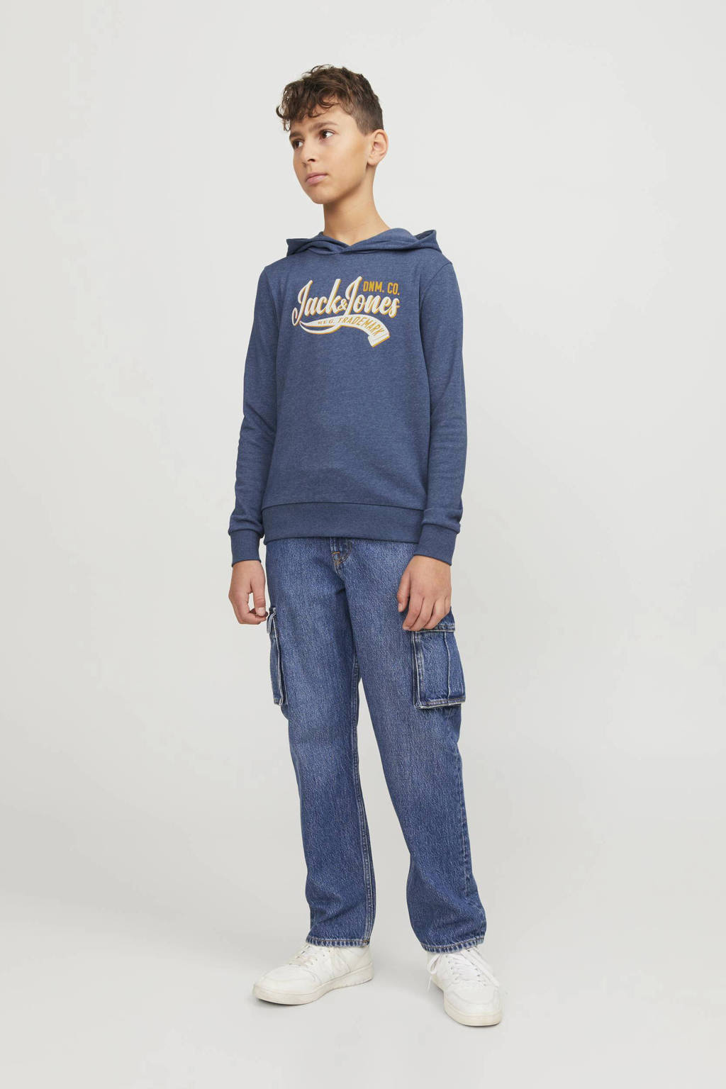 JACK & JONES hoodie JJELOGOmet tekst blauw/geel