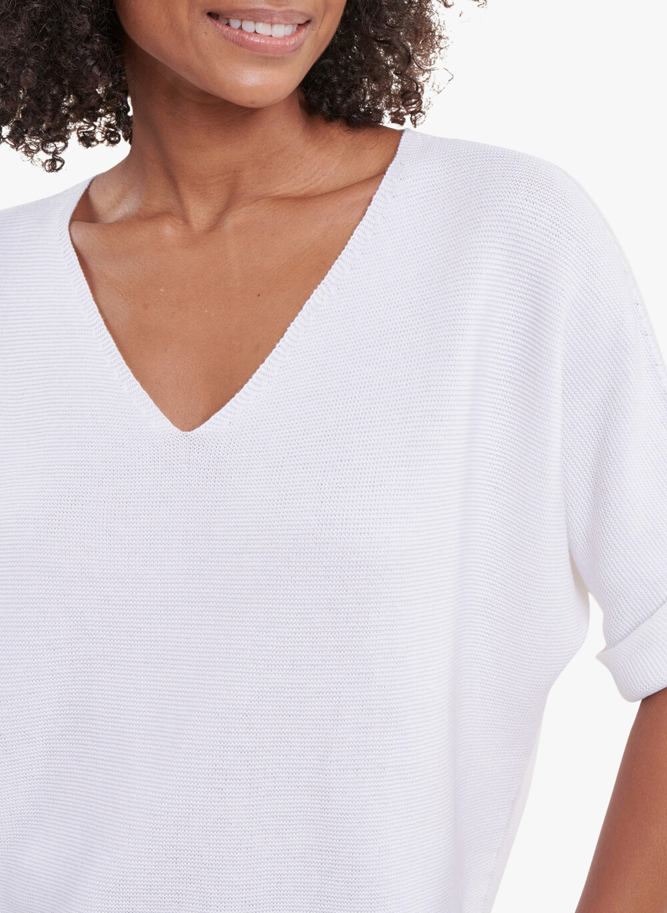 Top ample col V en maille | Blanc