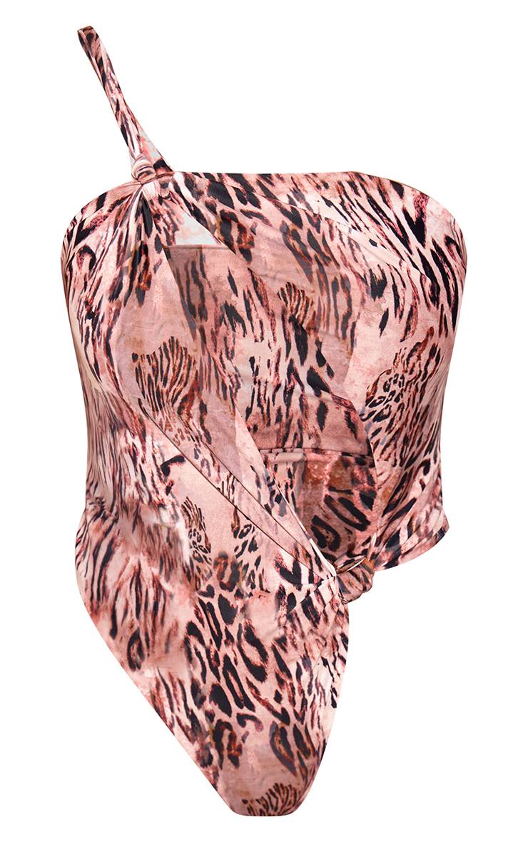 Multicolore Maillot De Bain Léopard Asymétrique Avec Découpe Et Détail Noué