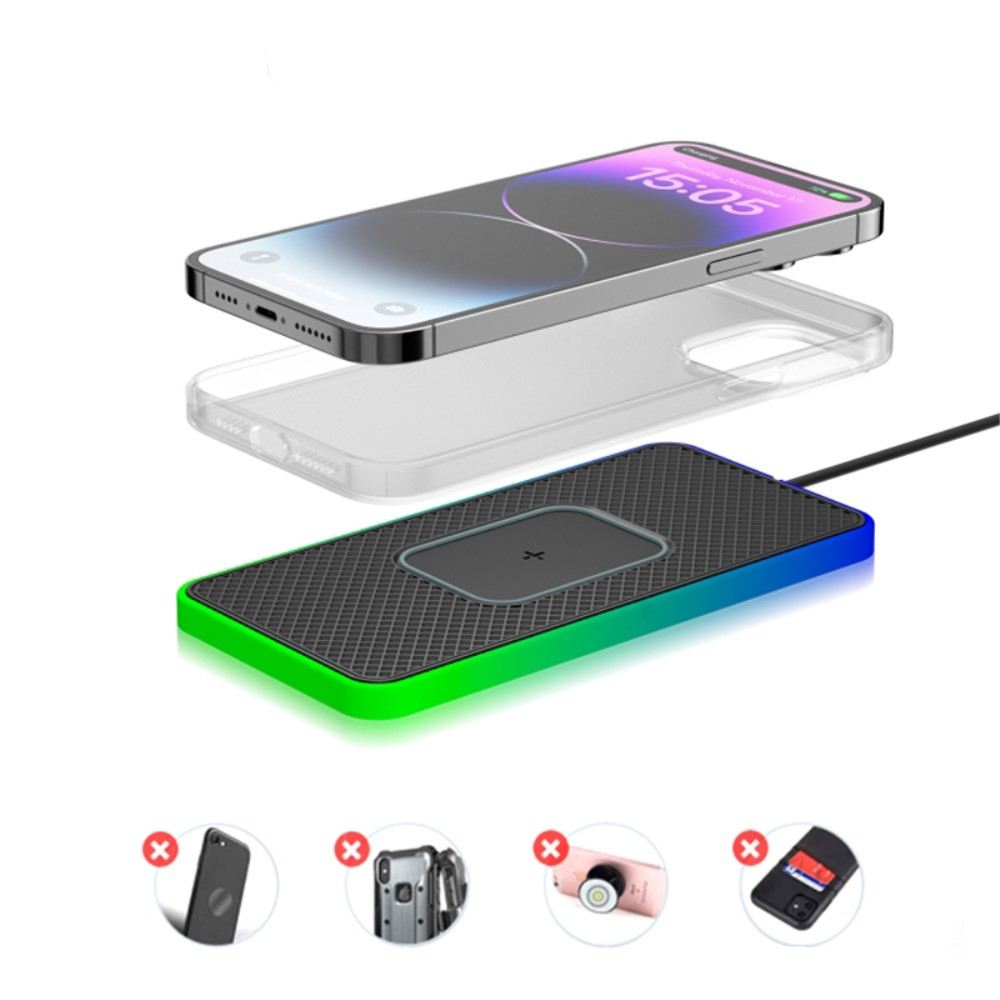 (1m) 15W USB C Qi Wireless Charging Ladegerät Auto Anti Rutsch Ladematte mit LED Beleuchtung - Schwarz