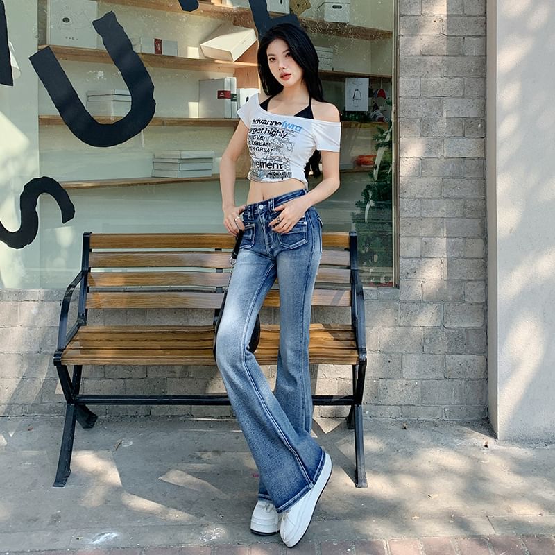 Lady Jean - Mid Waist Washed Flared Jeans