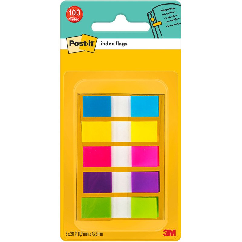 Marque-pages étroit repositionnable plastique couleurs Néon Post-it - distributeur de 20 feuilles
