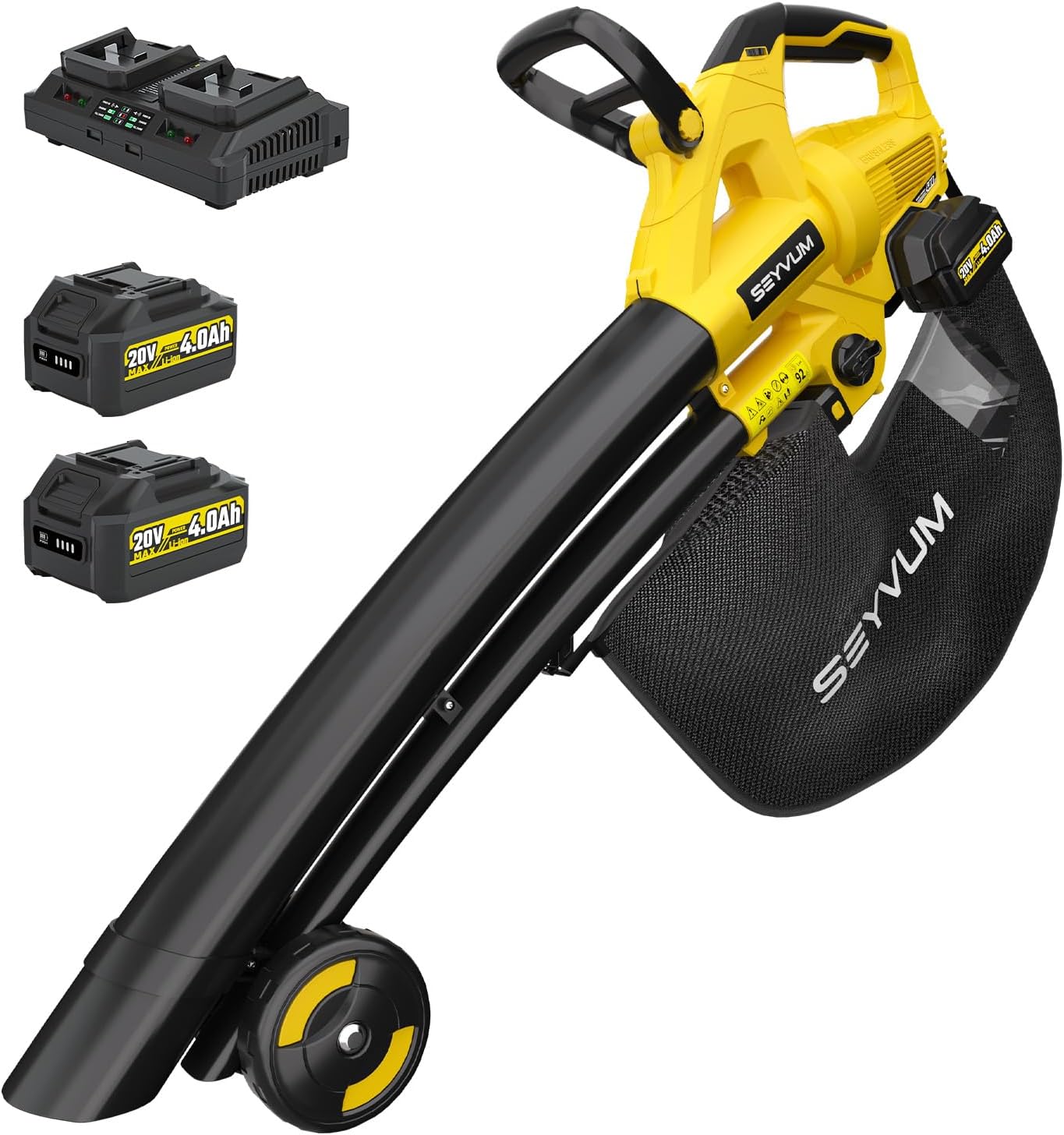 Laubsauger akku,40V Laubbläser Akku 2×4.0Ah mit Ladegerät,3-in-1-Laubbläser, Sauger und mulcher,6-Gang Kabellos Laubgebläse,Blasgeschwindigkeit 190km/h,Fangsack 45L für Garten