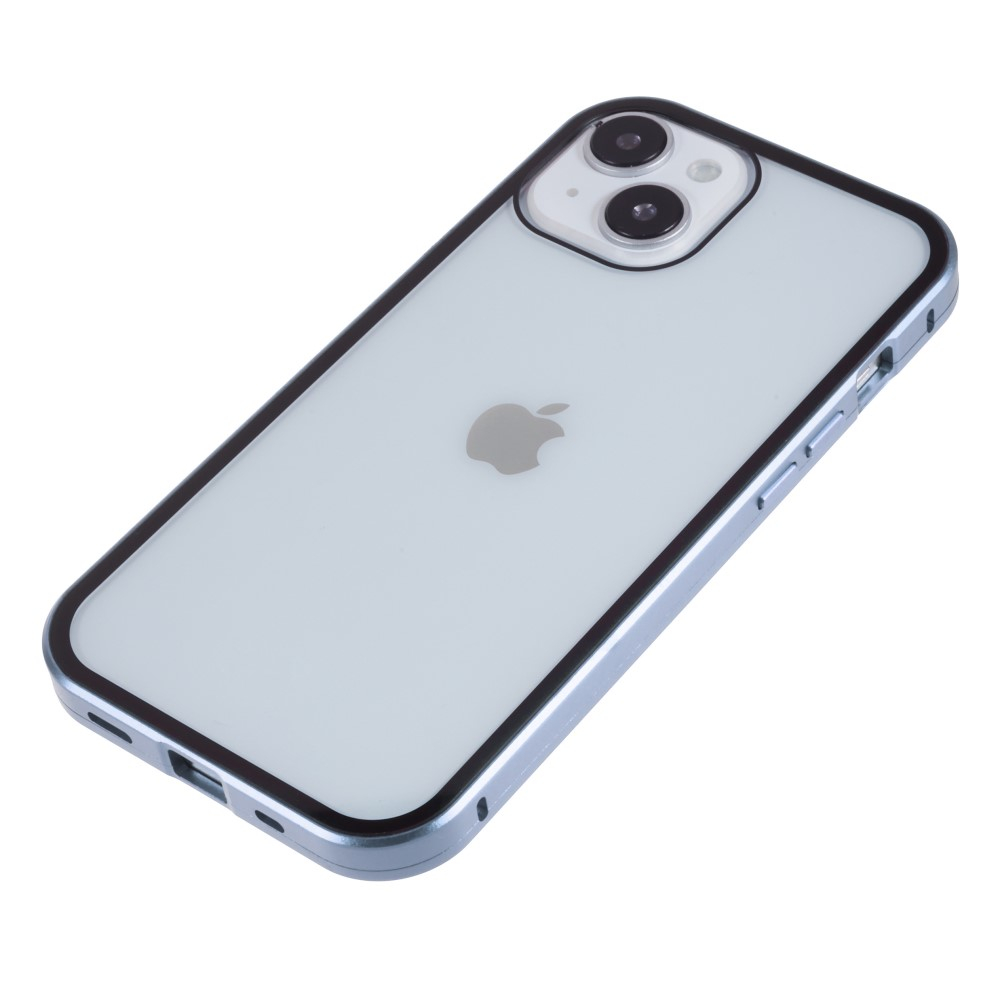 iPhone 14 Magnetische Alu Schutzhülle mit Panzer Glas Backcover   Privacy Glas Displayschutz (Magnet-Technologie) - Hellblau