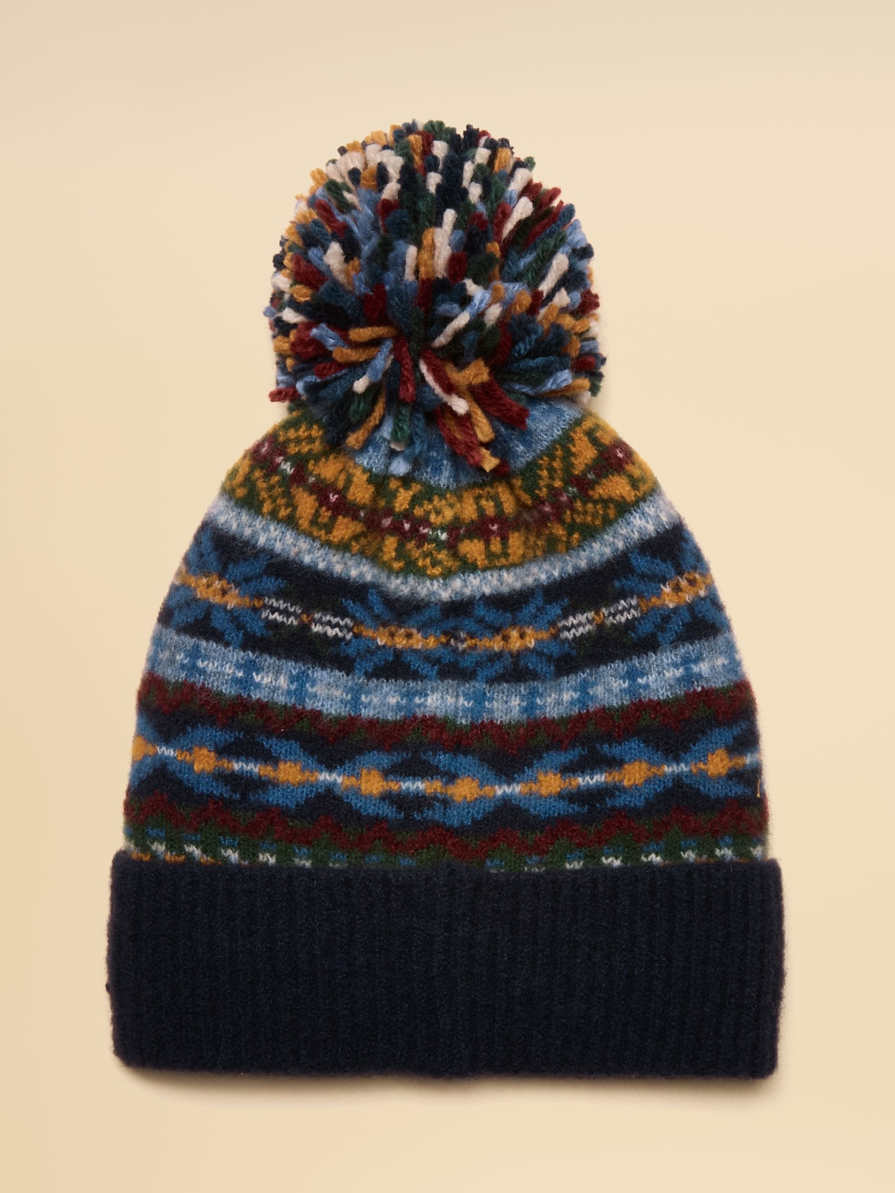 Marineblauw met multiprint - Joules Riley Cosy Lined Fair Isle Bobble Hat