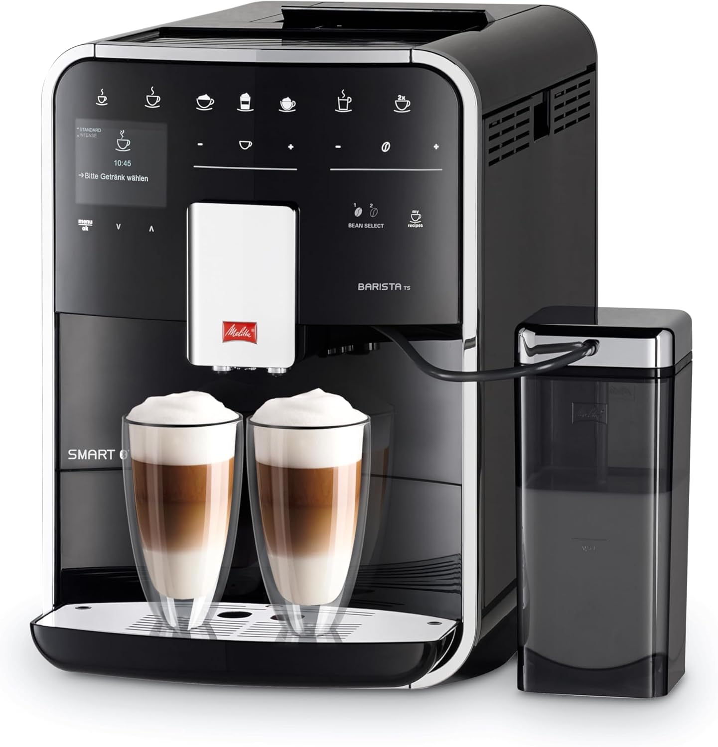 Melitta Barista TS Smart - Kaffeevollautomat mit Milchsystem, Kaffeemaschine mit Mahlwerk und 2-Kammer-Bohnenbehälter für 21 Kaffeespezialitäten, App Steuerung möglich, schwarz
