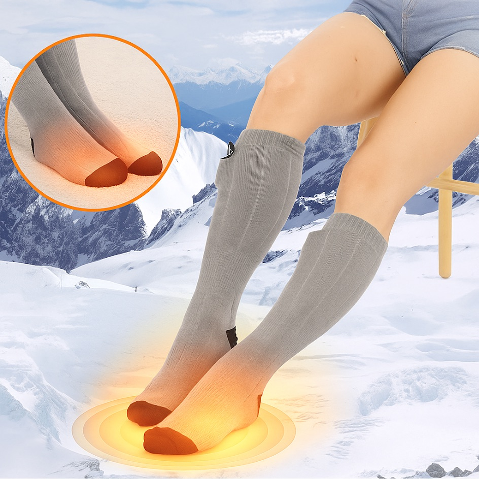 (1 Paar) Beheizbare Baumwoll Socken Outdoor Fusswärmer mit Akku und 3 Hitzestufen (One Size) - Grau