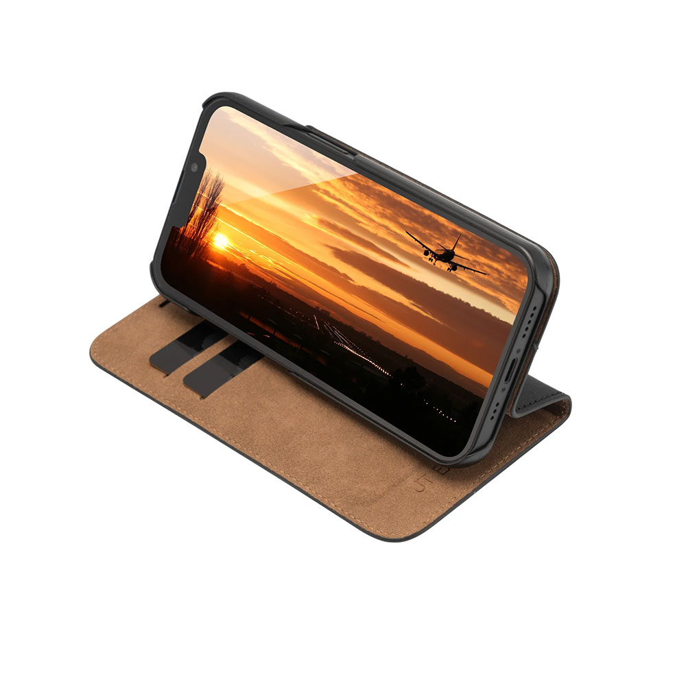 iPhone 16 Echtleder Bookcase Hülle Tegel (11058) - Schwarz