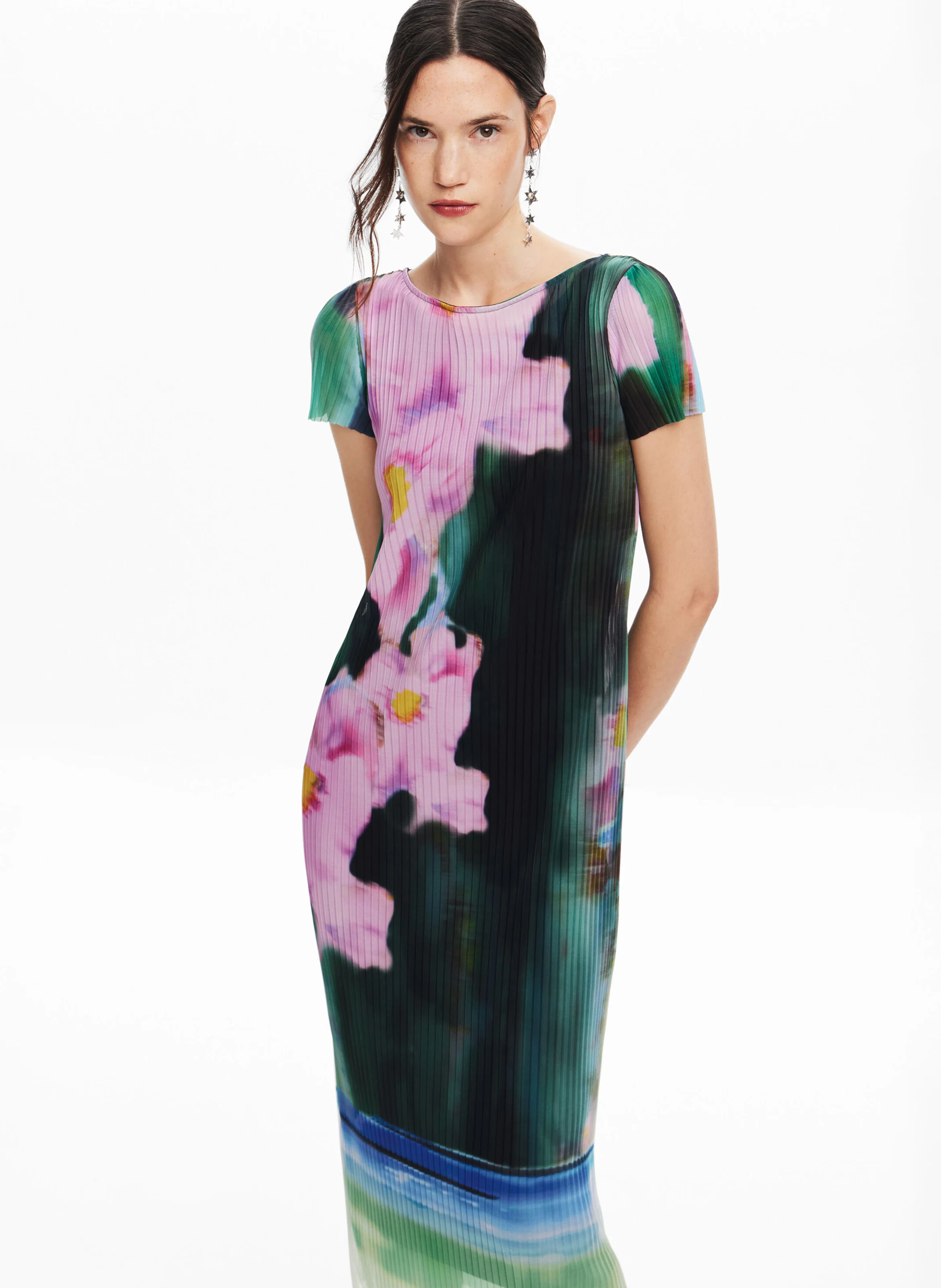 Robe midi col rond imprimée | Multicolore