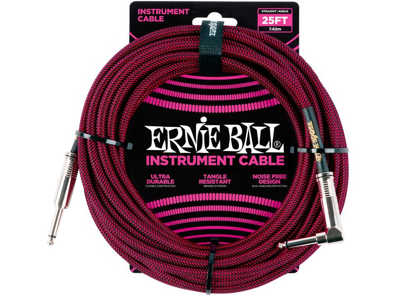 Ernie Ball Instrumentenkabel 6062 – 7.62 m, Rot/Schwarz Geflochtenes Standardkabel für Instrumente, Klinke-Winkelklinke