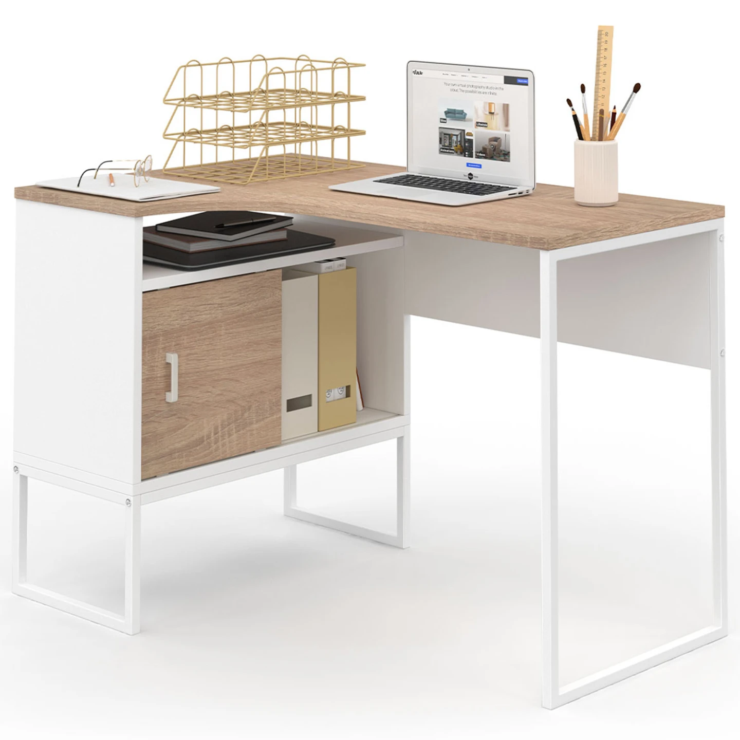 Bureau d'angle ROB blanc et façon hêtre niche de rangement et porte design industriel