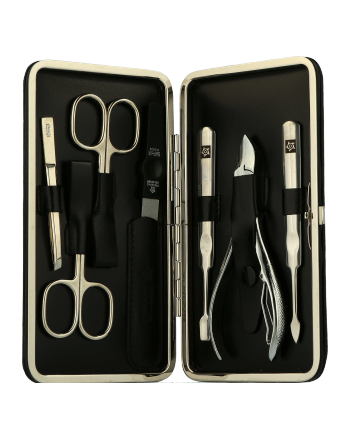 Pfeilring Manicure-Sets Rahmen-Etui, Rindleder, schwarz, vernickelte Instrumente 7-teilig