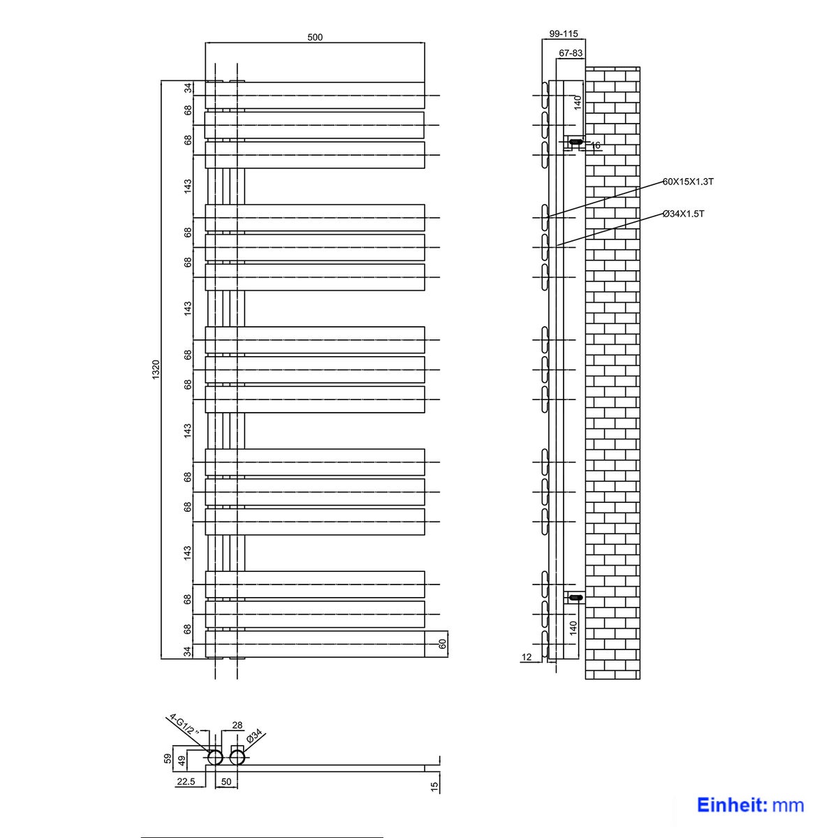 EMKE Flat Badkamerradiator 1320x500 mm Wit, Handdoekwarmer voor Badkamers, Handdoekdroger, Paneelhanddoekhouder met Zijwateraansluiting, 661W