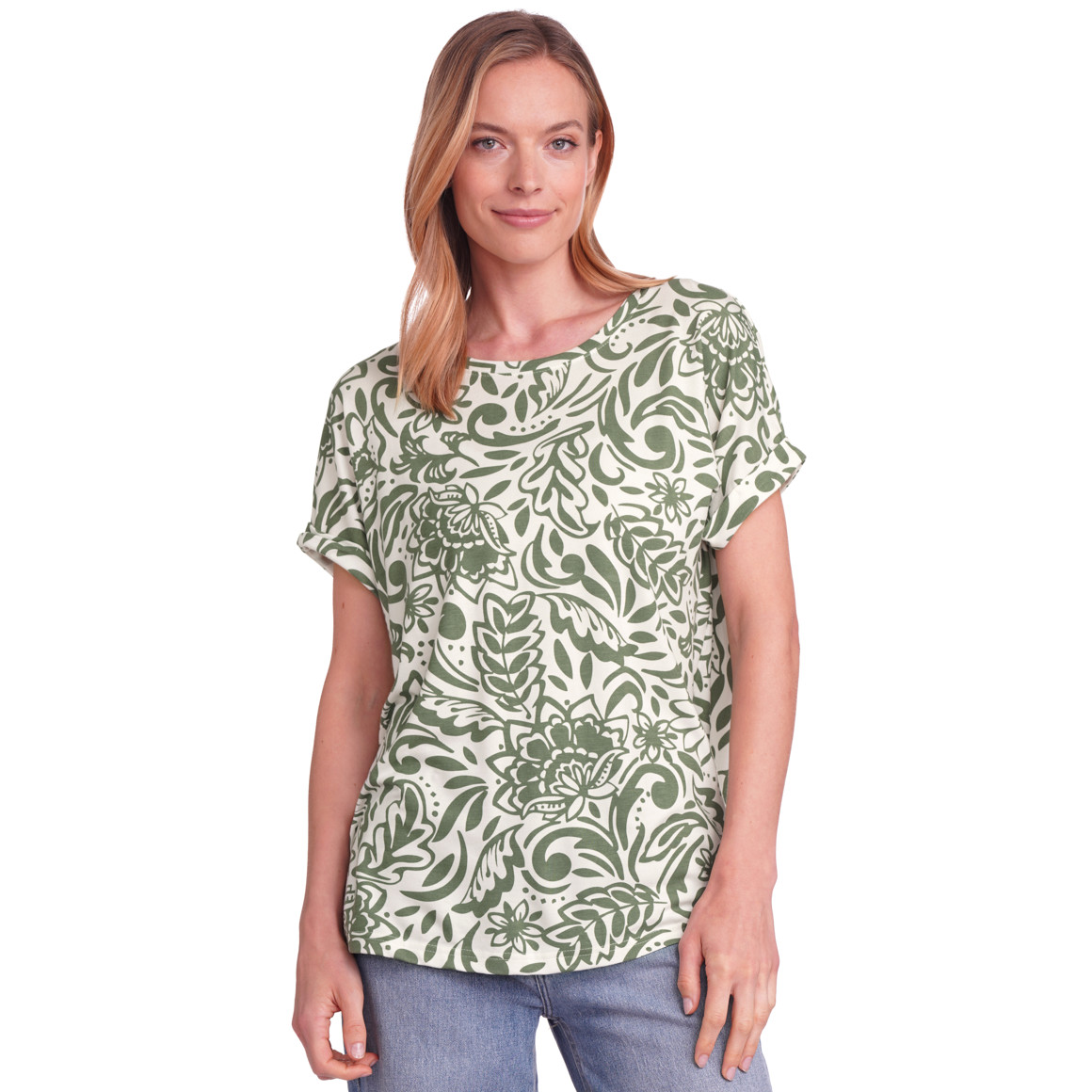 Gina Benotti Damen T-Shirt mit Print cremeweiss / dunkelgrün