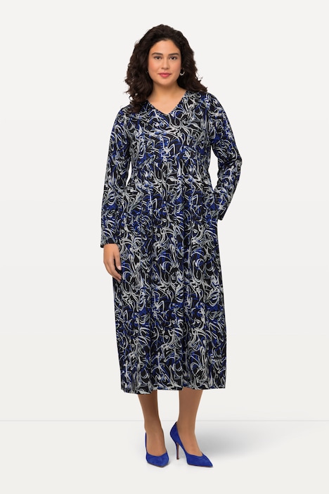 Kleid, A-Linie, Jersey mit LinienmusterEmpirenaht, V-Ausschnitt, Piping, Langarm