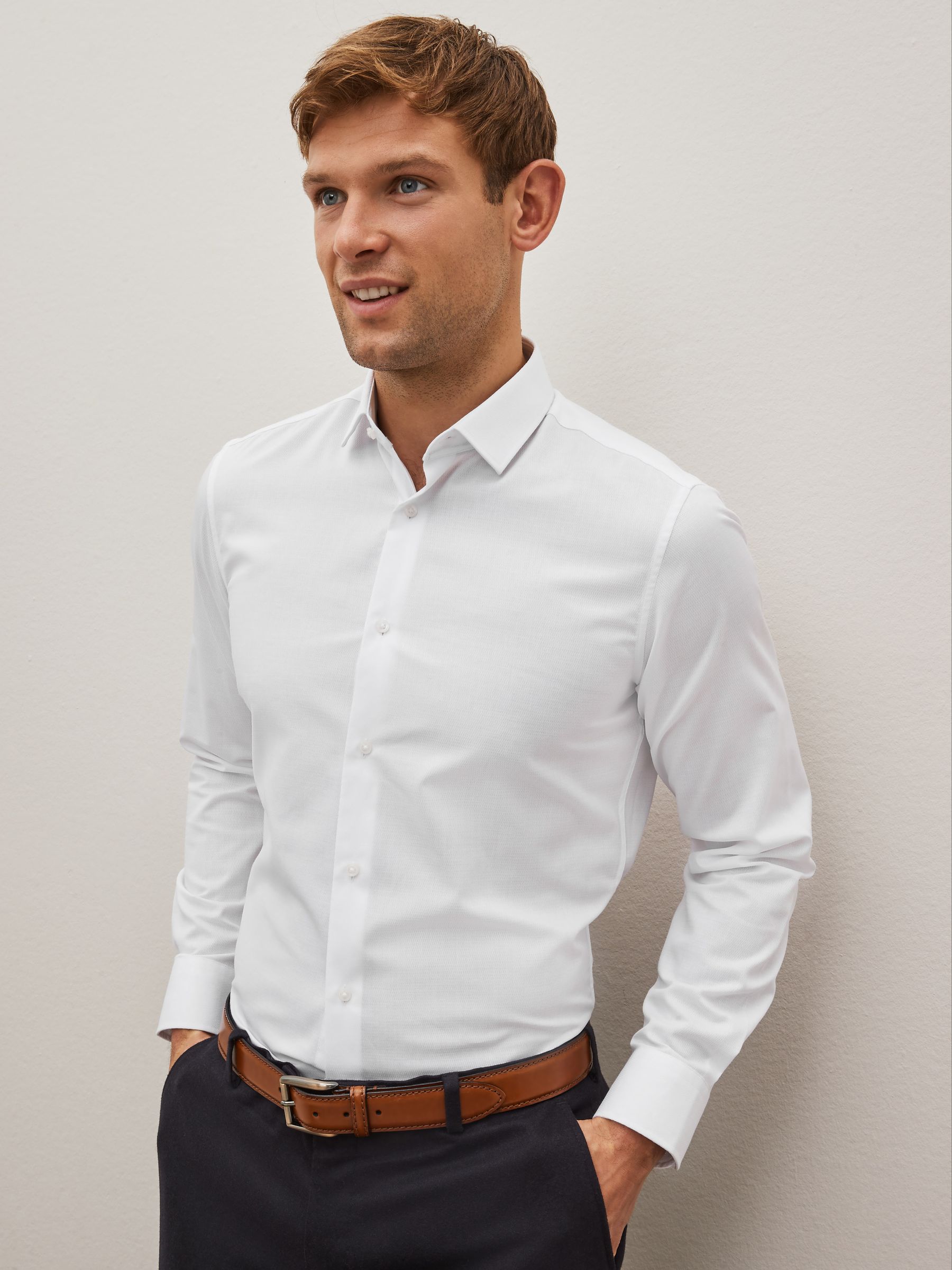 Wit - Normale Pasvorm - Onderhoudsvriendelijk, getextureerd, slim fit overhemd met enkele manchet