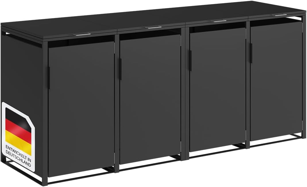 STEELSØN Thoria Mülltonnenbox 4er bis 240L – Mülltonnenverkleidung aus Stahl in Graphitschwarz – hochwertige Müllcontainer für 4 Tonnen – Müllbox wetterfest – UV-beständige Gerätebox/Mülltonnen Box