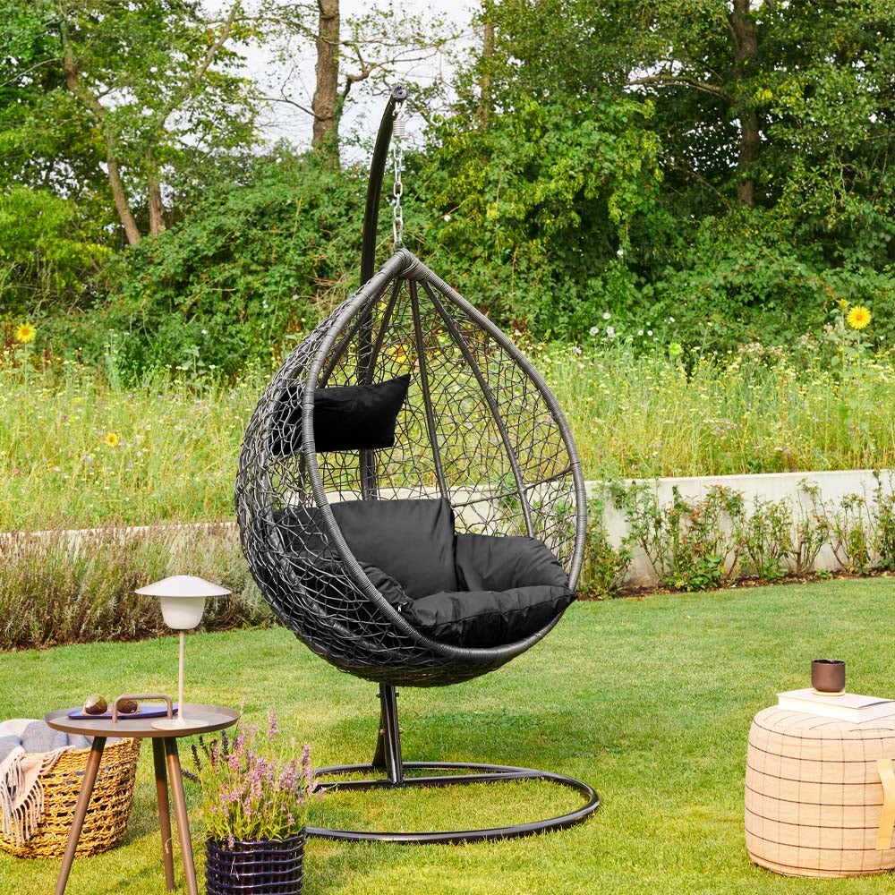 Home Deluxe - Cielo Hangstoel - Zwart, Hoogte 200 cm - incl. frame, zit- en rugkussens | Polyrattan hangstoel, tuinschommel, hangmand
