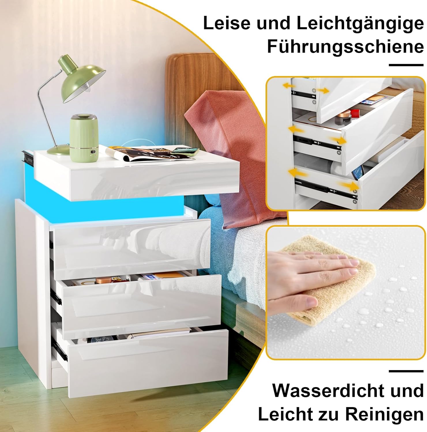 Nachttisch weiß led, 3 Schubladen, Nachttisch mit USB, AC Steckdosen, 2 USB-Anschlüsse, Hochglanz, Verstecktem Schublade, Beistelltisch Nachtschrank für Schlafzimmer Wohnzimmer