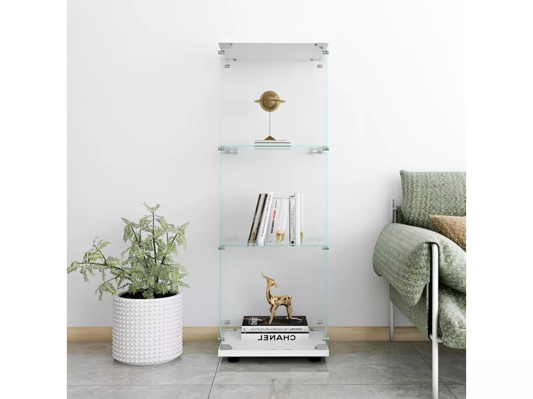 Vitrine en verre debout 46 x 36 x 125 cm, vitrine à 3 couches, moderne, en verre, pour objets de collection, livres, vin, blanc, 42 x 36 x 125 cm