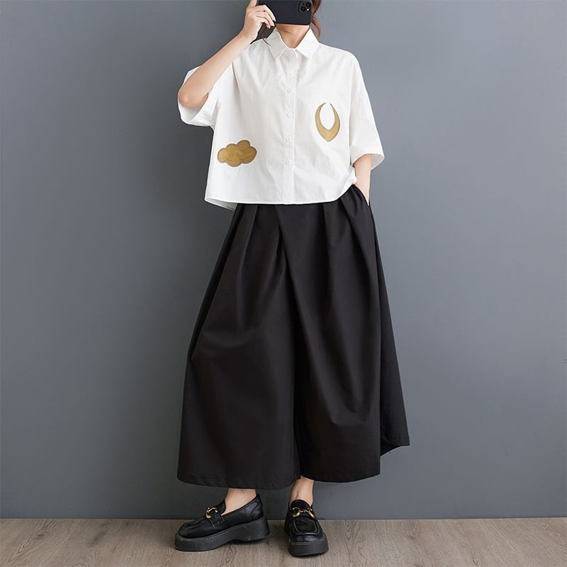 Shinobu - Elleboogmouw Kraag Applicatie Shirt