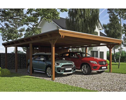 SKAN HOLZ Emsland dubbele carport inclusief berging, EPDM-membraan, paalankers 613 x 846 cm notenhout