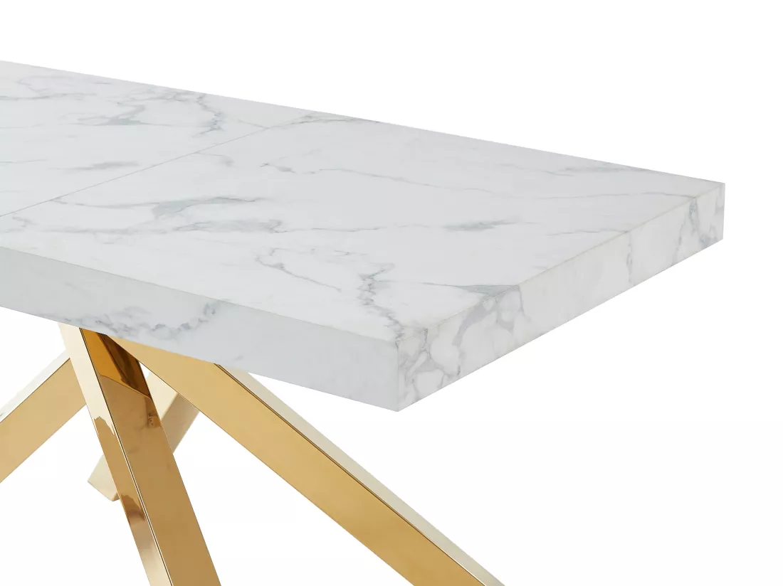 Table à manger extensible 6 à 10 personnes en MDF et métal - Effet marbre blanc et doré - CATONAV