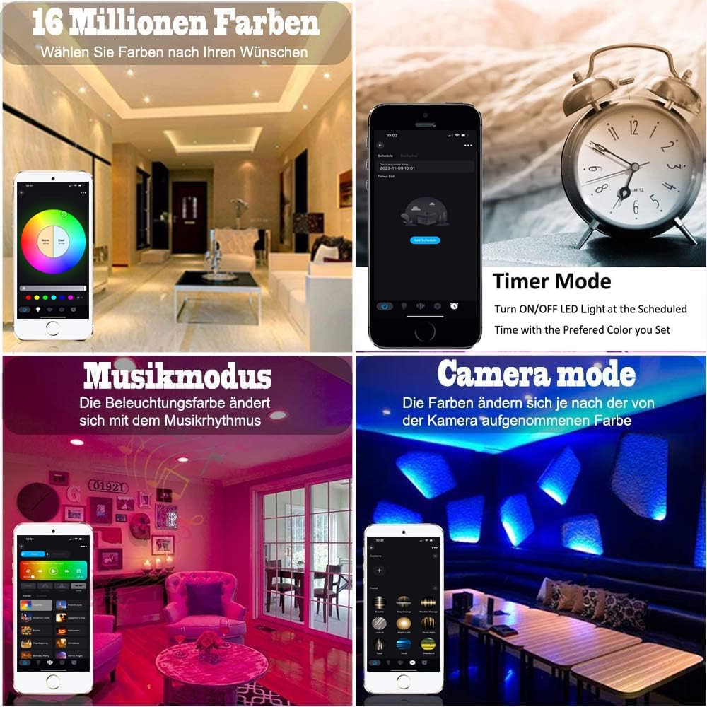 10er WIFI Bluetooth 9W Intelligent LED Einbaustrahler Downlight RGBIC+Warmweiß/Kaltweiß/Weiß 5 in 1 Einbauleuchte Spot Dimmbar 230V Einbauleuchten mit Fernbedienung,Smart Bridge