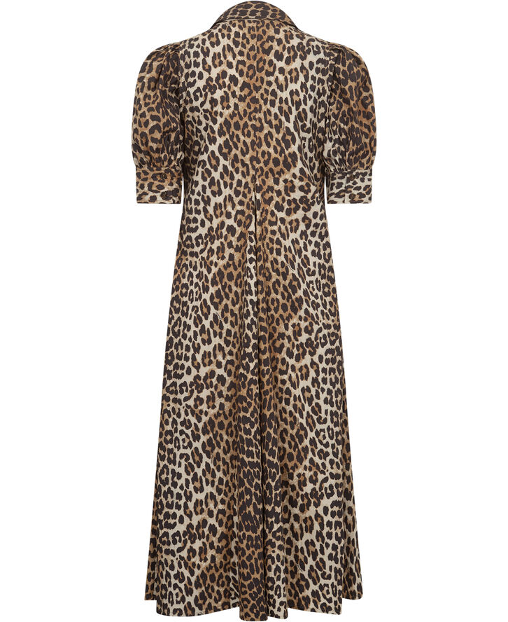 Ganni Printed Cotton Poplin V-neck Long D Leopard