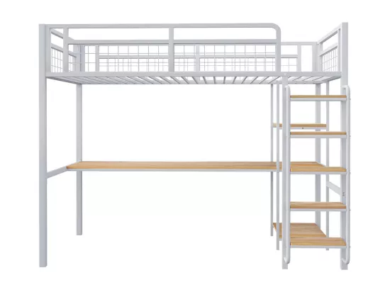 Lit mezzanine 90x200 avec échelle lit enfant avec table et étagère barrière de sécurité grillagée en métal Blanc