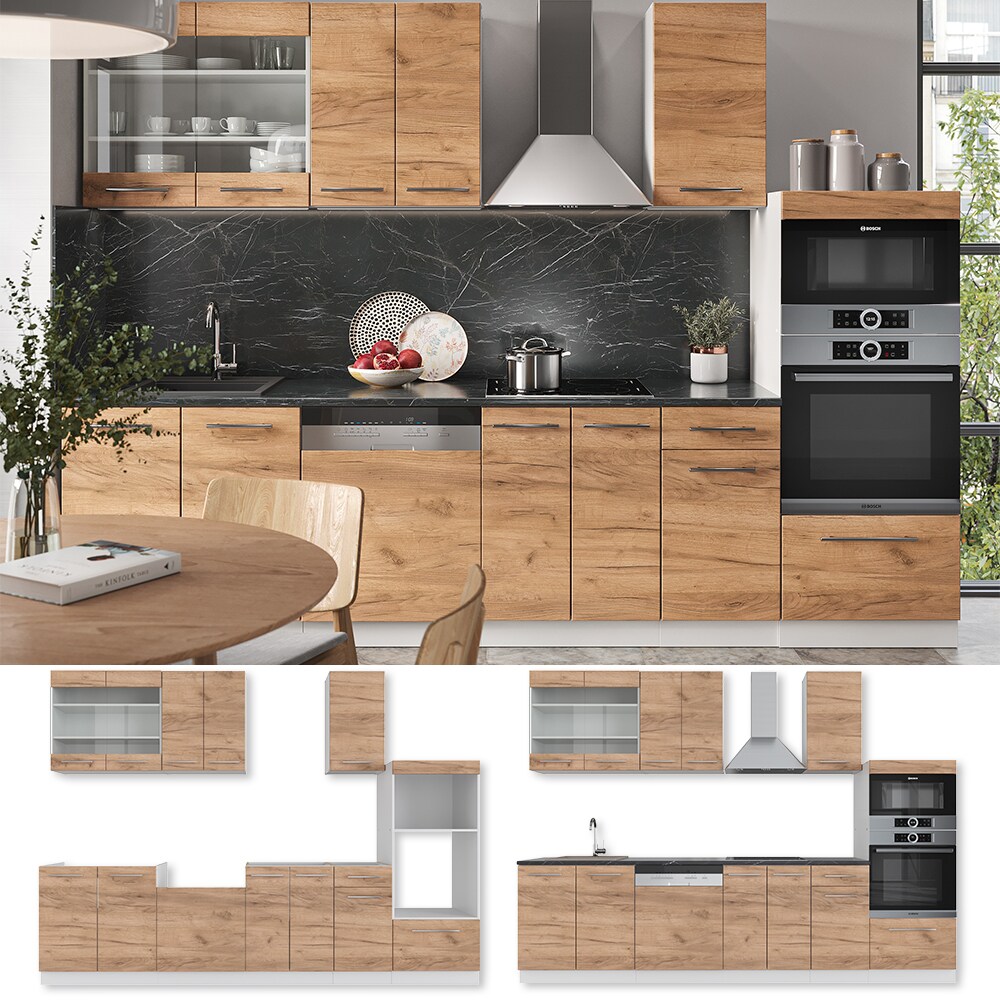 Vicco Küchenzeile Küchenblock Einbauküche Fame-Line Weiß Eiche 300 cm modern Küchen Schränke Schubunterschrank Unterschrank Spülenunterschrank Hängeschrank Mikrowellenschrank Geschirrspülerblende