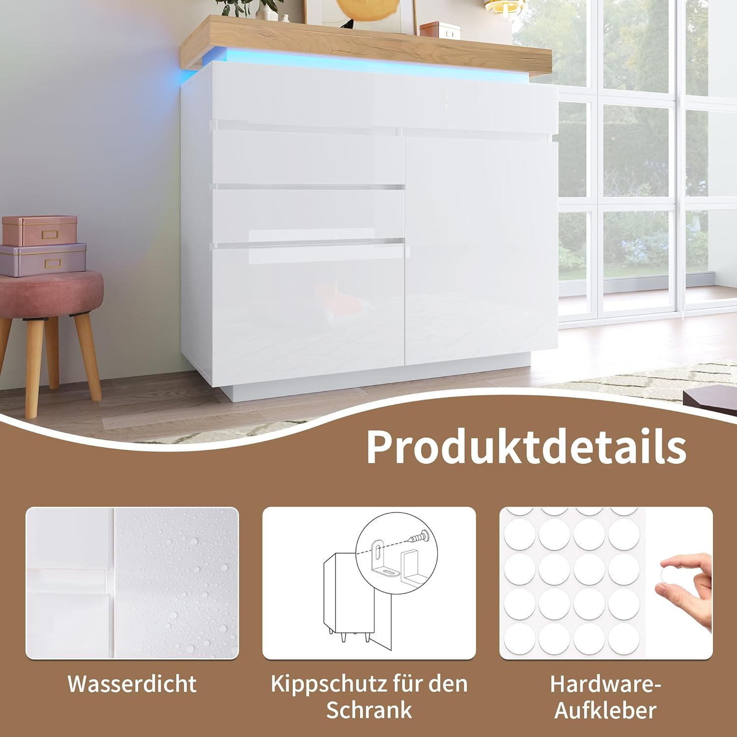 Lexiou Kommode, Hochglanz Sideboard mit 2 Türen und 3 Schubladen, LED-Beleuchtung (App-Steuerung), Mehrzweckschrank für Wohnzimmer und Schlafzimmer, 115 x 110 x 39 cm, Weiß