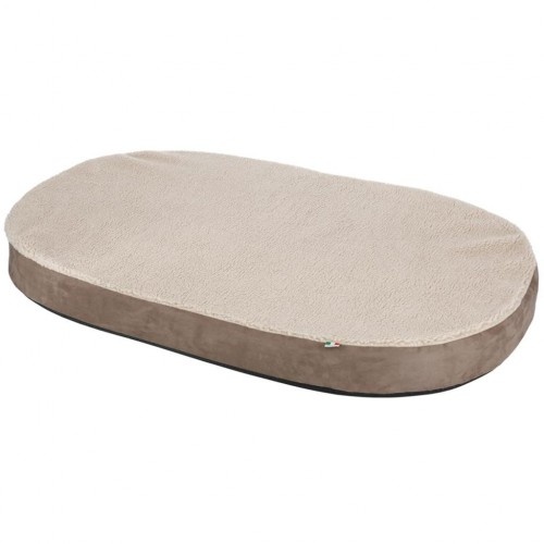 Colchão oval viscoelástico para cães, bege e cinza.