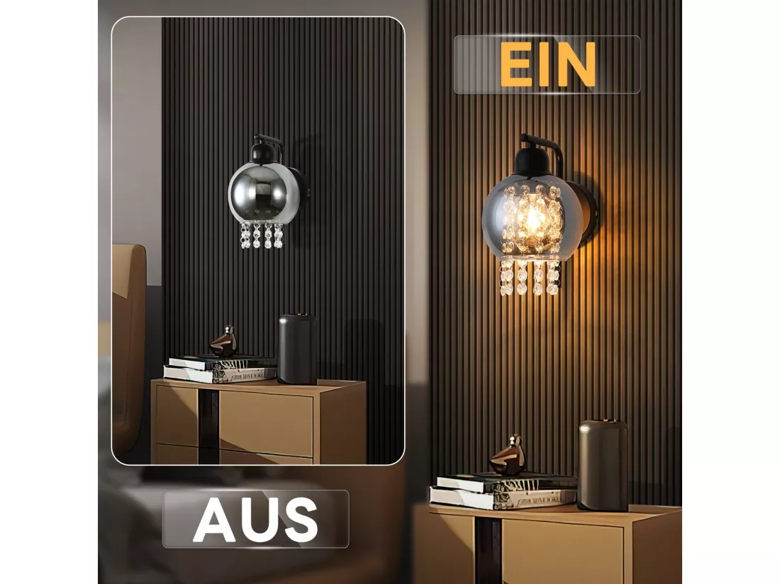 NETTLIFE Applique murale en verre gris fumé avec boule en cristal E27 pour chambre à coucher, lampe d'intérieur moderne pour couloir