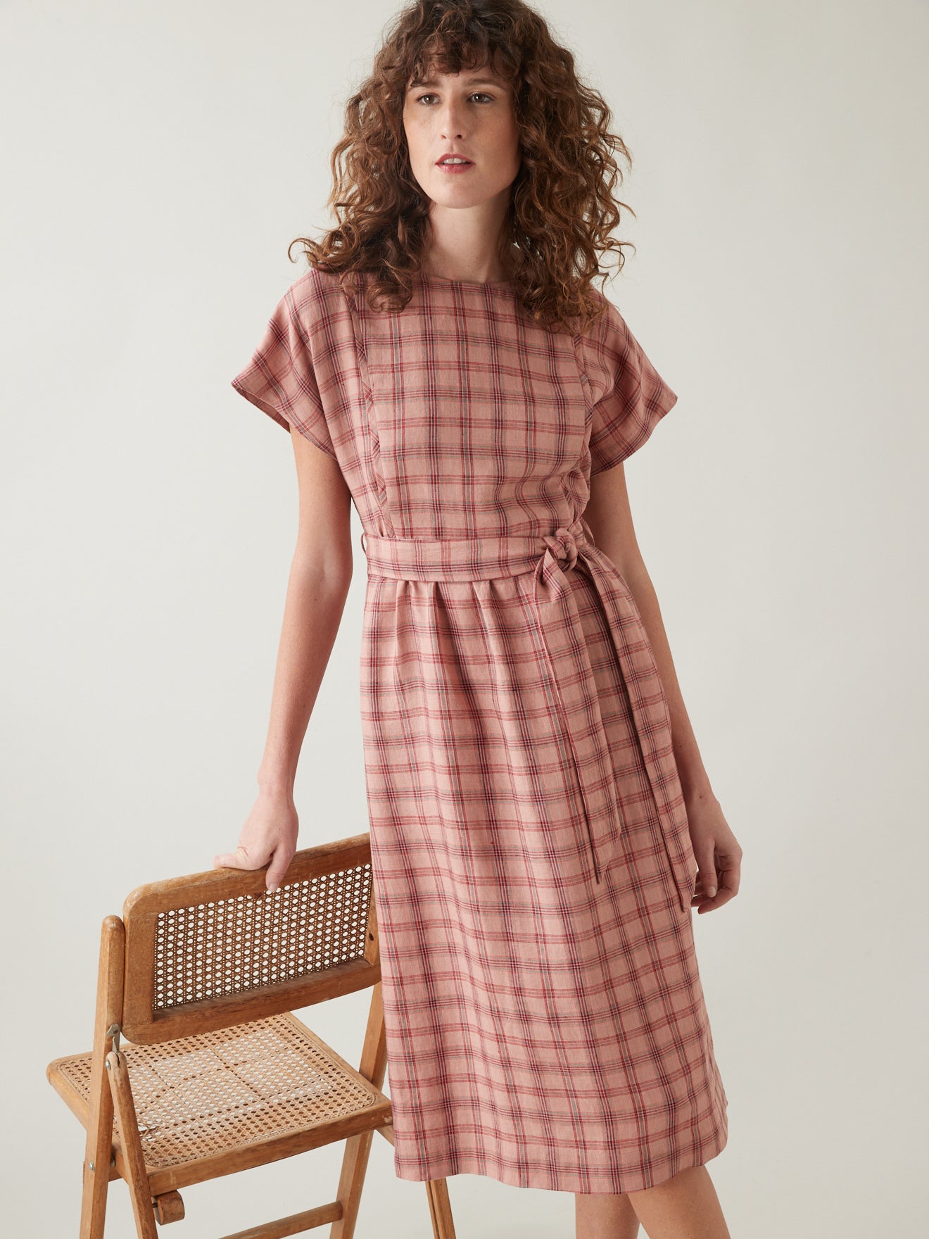 Robe mi-longue carreaux en lin femme