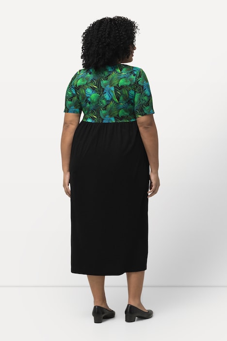 Jerseykleid, Blätter, A-Linie, V-Ausschnitt, Halbarm