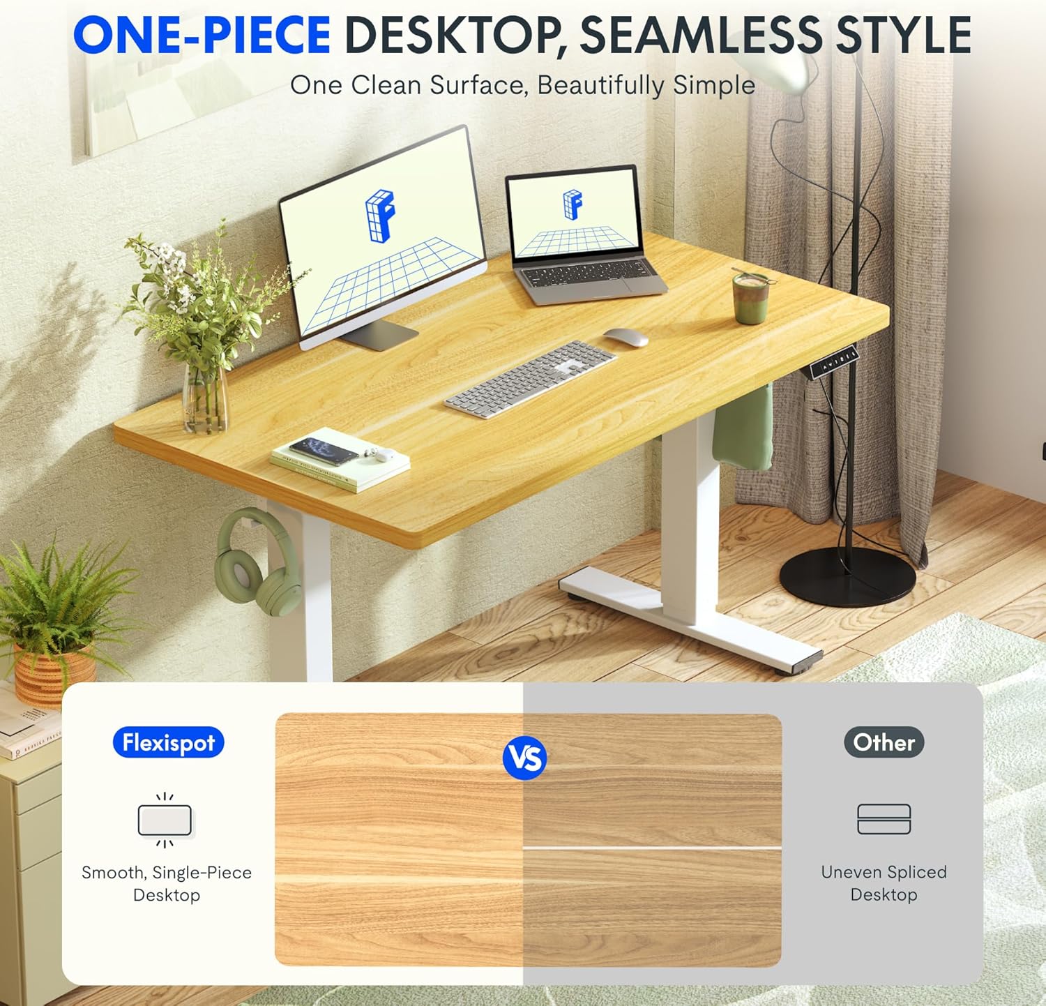 FLEXISPOT Höhenverstellbarer Schreibtisch 160×80cm, mit Haken und 25mm EINTEILIGER Tischplatte, ergonomischer Schreibtisch mit LED-Höhenanzeige und Memory-Funktion (Ahorn, Weiß)