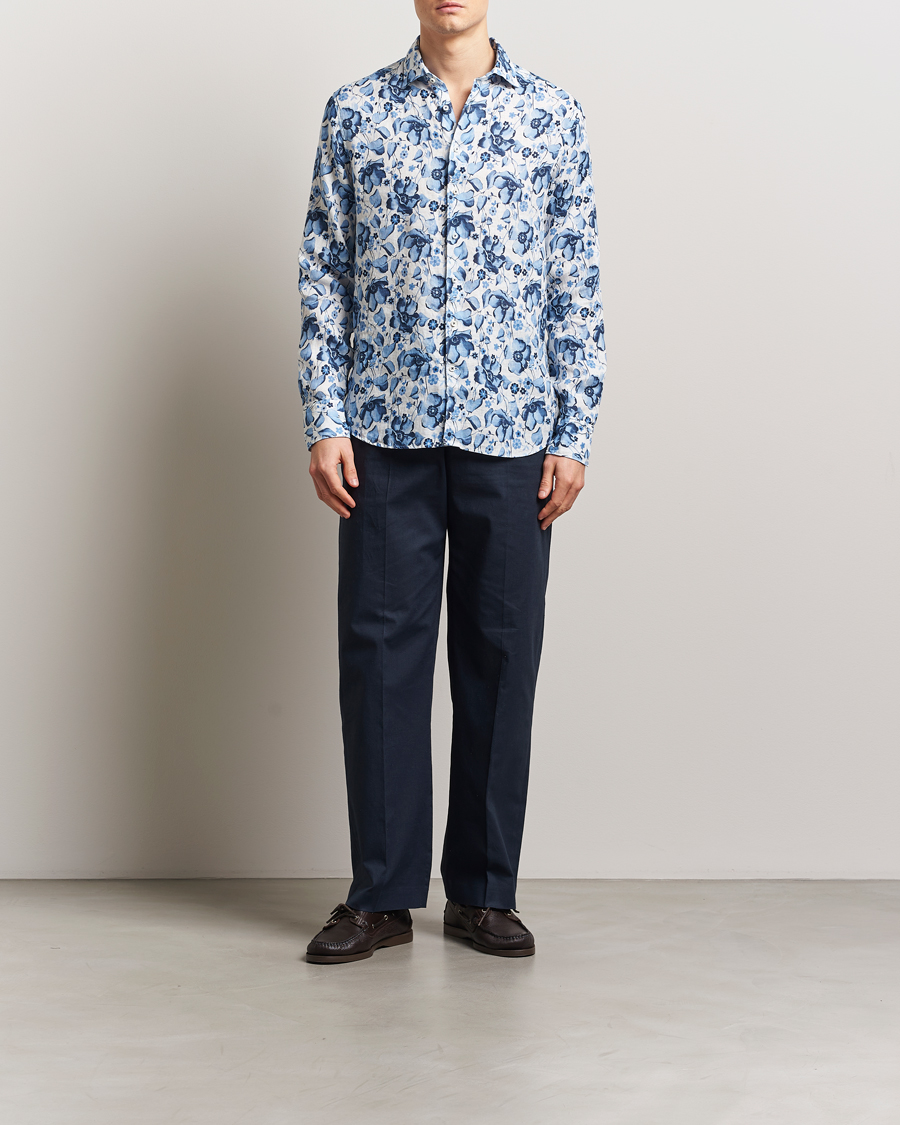 Stenströms Fitted Body Flower Printed Linen Shirt Blue