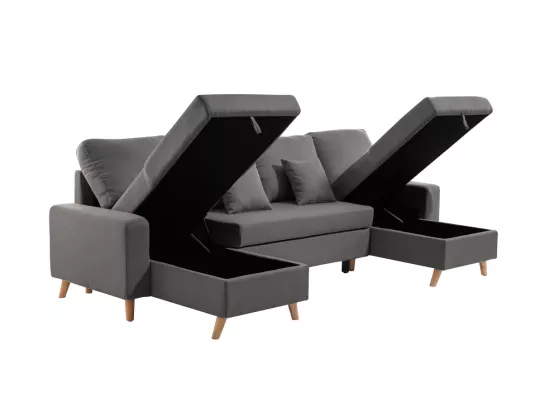 Canapé Panoramique Scandinave Convertible 2 Coffres en Tissu Déperlant