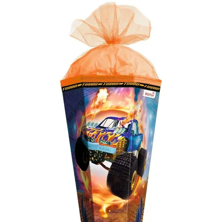 Roth Motiv-Schultüte, Monstertruck Fire, 85cm, eckig, Rot(h)-Spitze, Tüllverschluss, Spezialborte