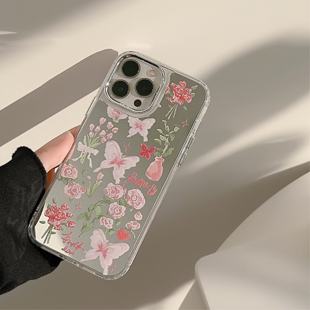 iPhone 14 Pro Max Galvanisierte Gummi Case Hülle mit Spiegel   Blumen Muster - Silber / Transparent