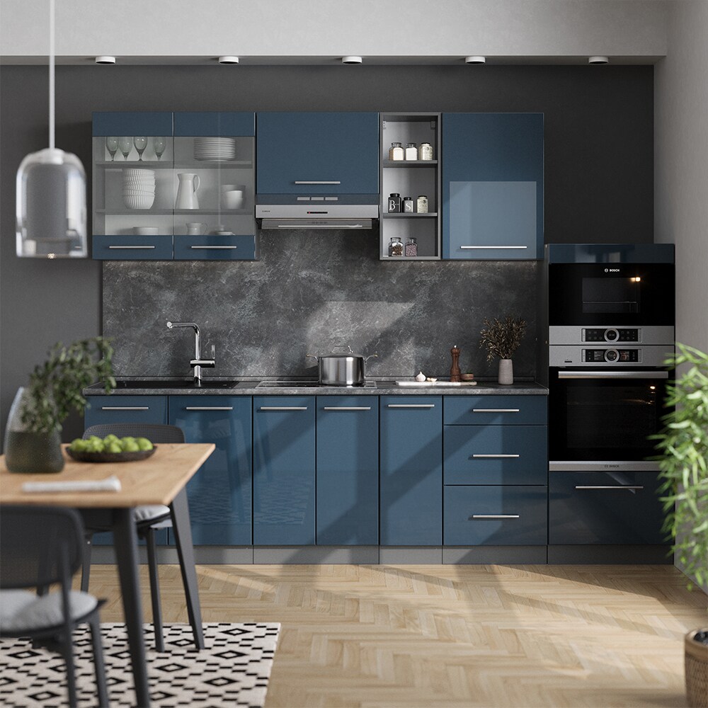 Vicco Küchenzeile Fame-Line Anthrazit Dunkelblau Hochglanz 280 cm ohne Arbeitsplatte