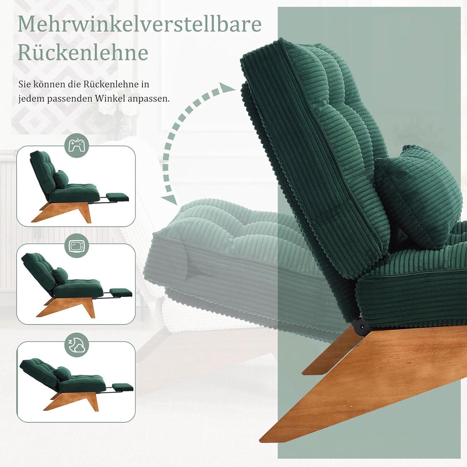 Loungesessel Verstellbar mit Fußstütze & Lendenkissen | Moderner Relaxsessel für Wohnzimmer | Rückenfreier Liegesessel aus Kordstoff | Massivholzbeine | Max. 220KG, (Smaragdgrün)
